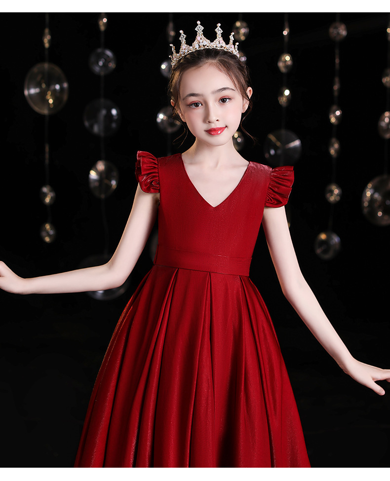 儿童礼服公主裙春季优雅女童指挥唱红歌主持人红色钢琴演奏演出服