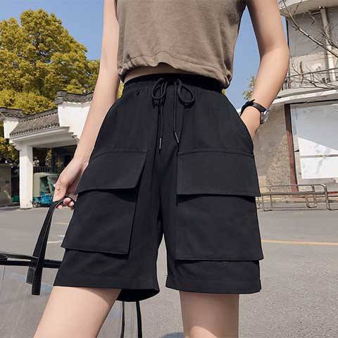 工装短裤女超酷炸街纯棉黑色工装短裤女夏宽松直筒风休闲潮嘻哈日