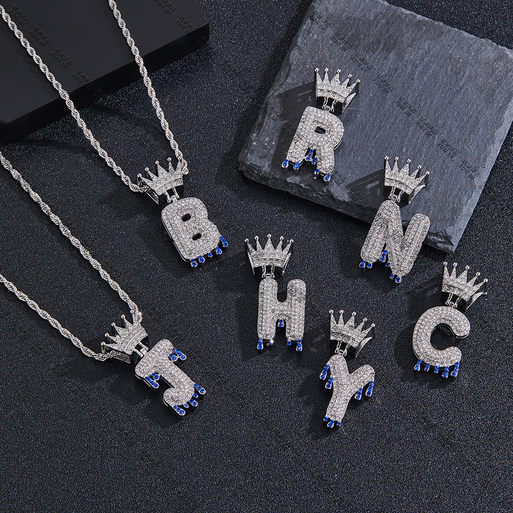 European and American New Crown Buckle Water Drop Letter Pendant High Sense English Letter Hip Hop Necklace Pendant One Piece Dropshipping