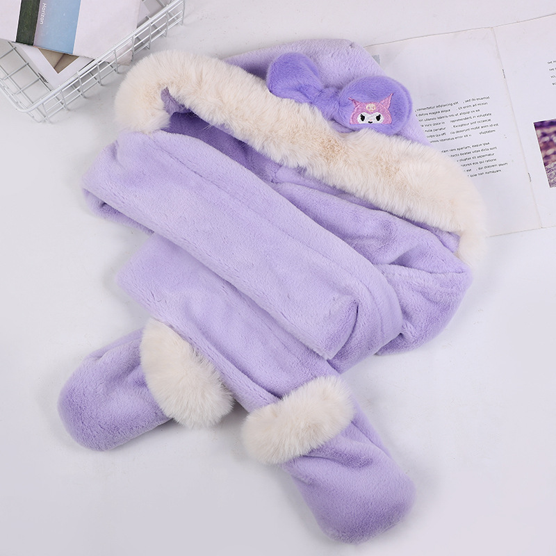 Processing Customized Winter Big Ear Dog Hat Scarf Gloves Three-Piece Set Thickened Fleece Warm Hooded One-Piece Scarf