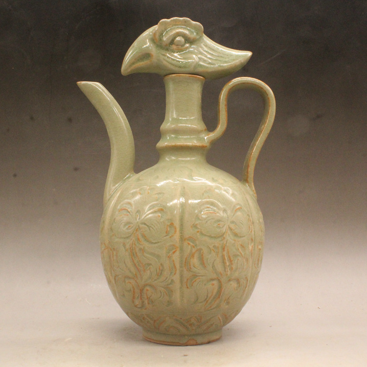 宋耀州窑雕刻花弧鸡头壶古玩瓷器古董摆件收藏仿古瓷器送礼包老旧