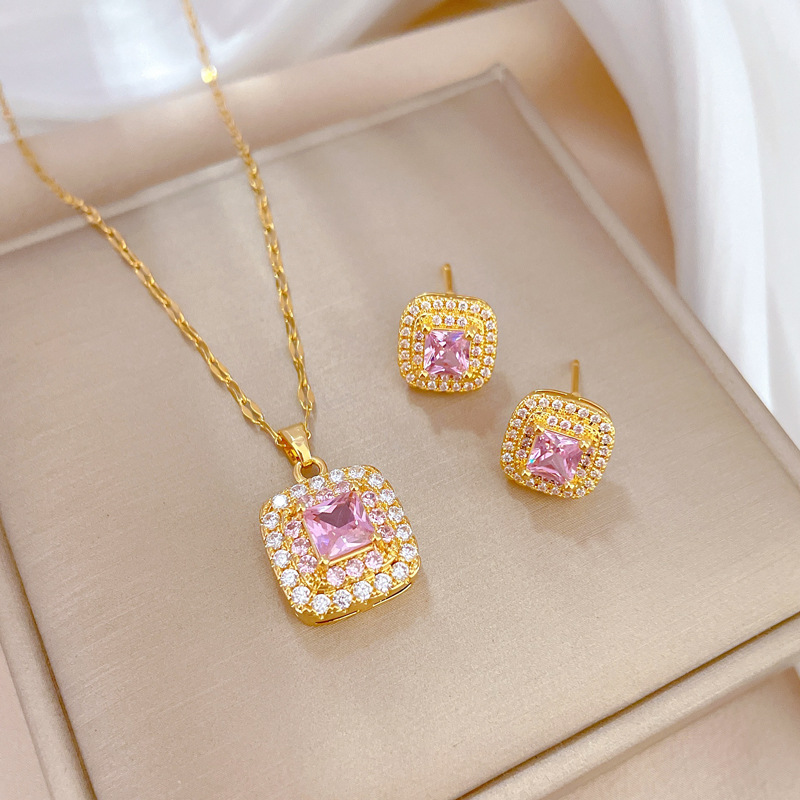 [Set] High Quality Elegant Light Luxury Full Zirconium Heavy Industry Real Gold Plated Copper Micro Inlaid Earrings Necklace Set Combination