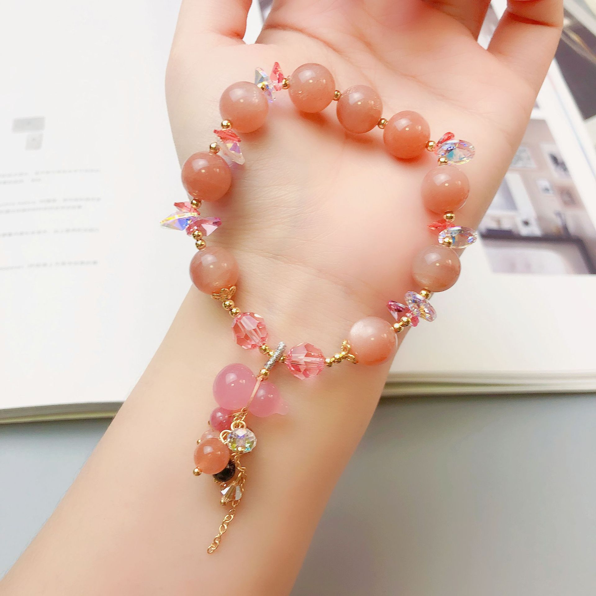 温暖气质太阳石手链单圈玉髓葫芦吊坠奥地利水晶手串手工饰品串珠