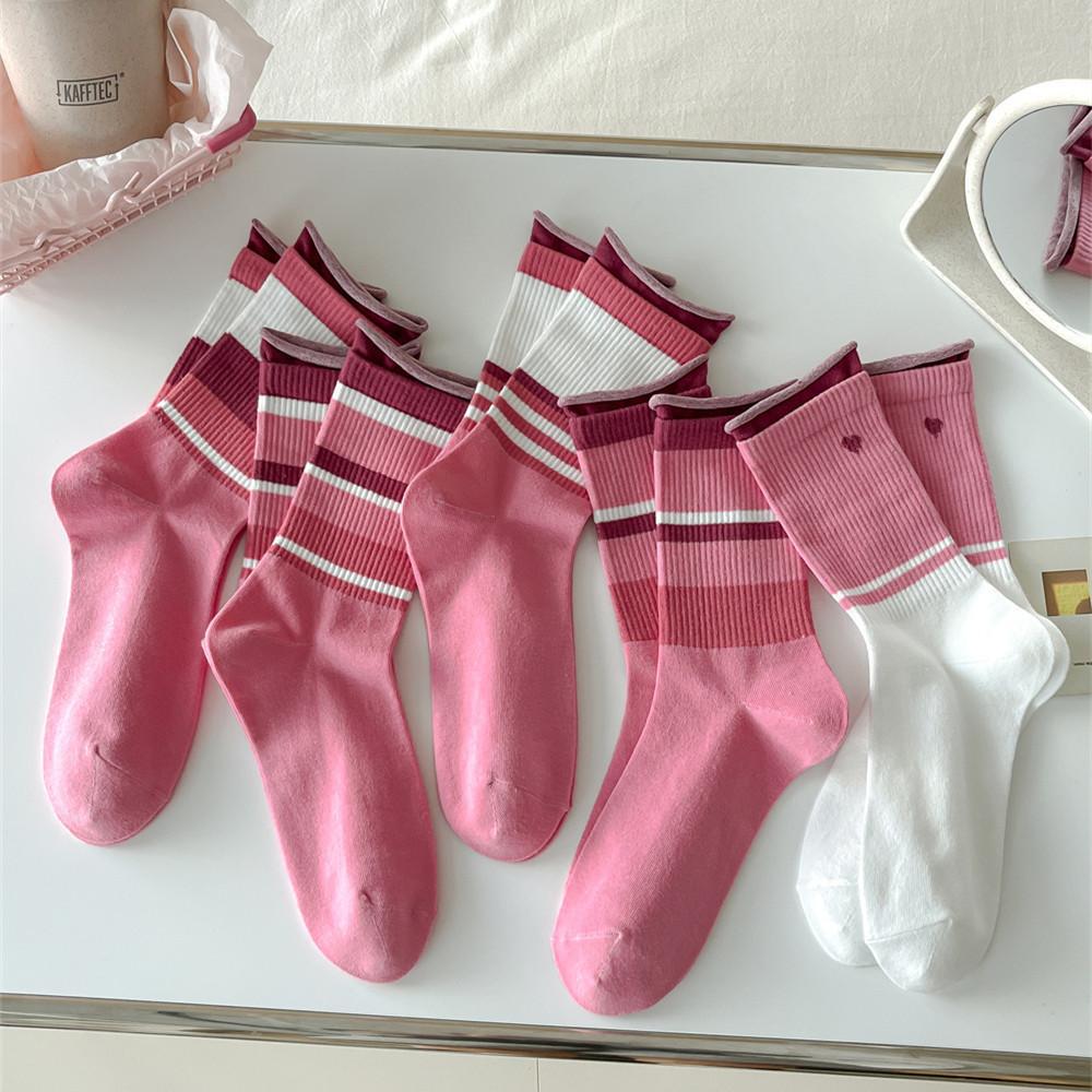新品中筒袜女精梳棉袜玫红粉色高腰袜双罗口爱心条纹普拉提运动袜