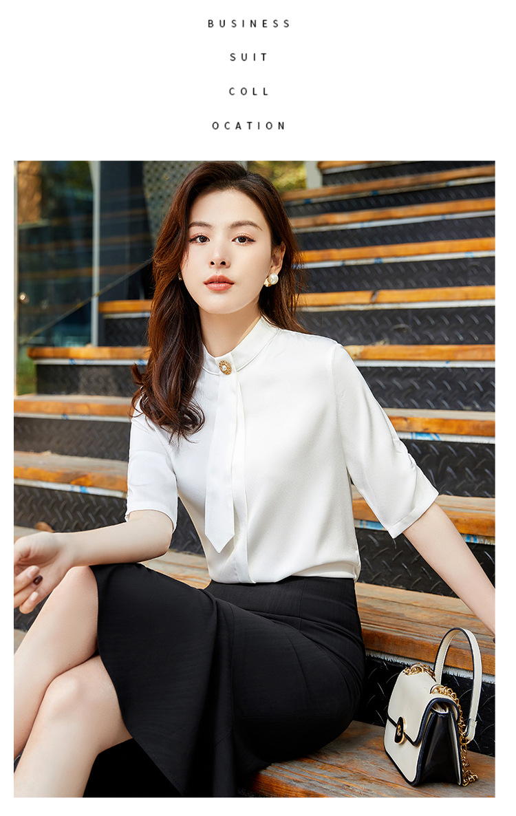 职业半袖立领衬衫女新款2021年夏气质飘带五分袖雪纺衫设计感上衣