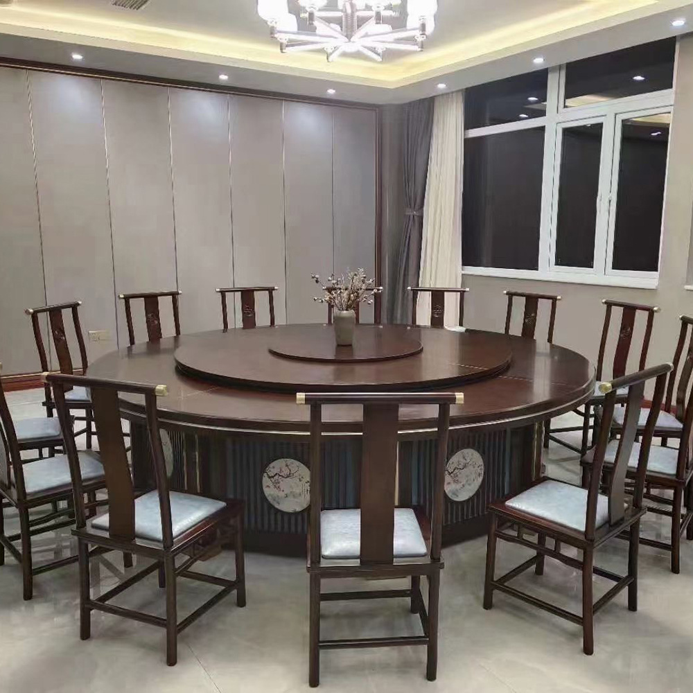 酒店餐厅实木电动大圆桌饭店餐桌椅中式实木旋转桌子桌椅组合批发