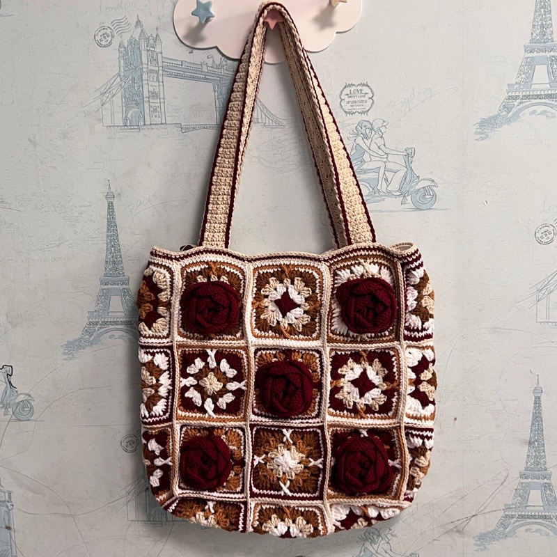 美拉德双色花朵手工编织单肩包 女士毛线钩织包成品 文艺国风女包