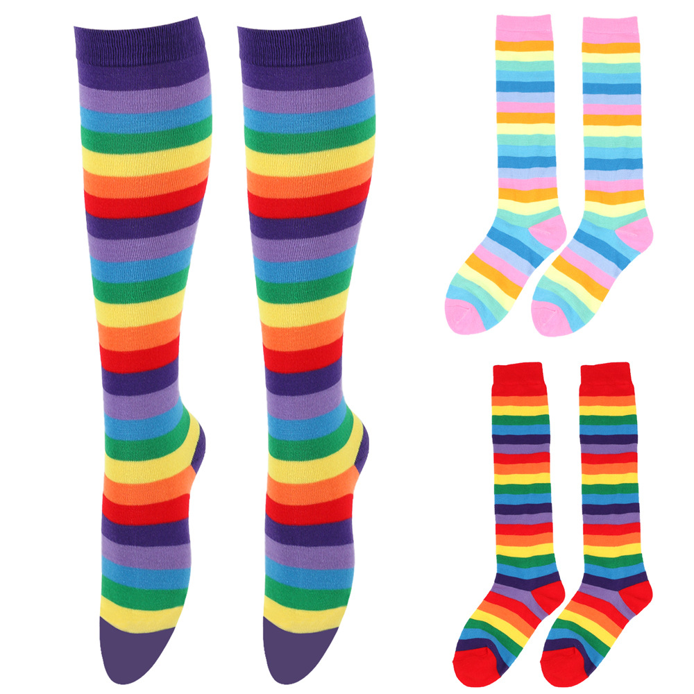 Cross-Border Rainbow Striped Mid-Calf Length Socks Women's Knee Length Socks below the Knee Cotton Socks Copsplay Performance Socks Party Calf Socks