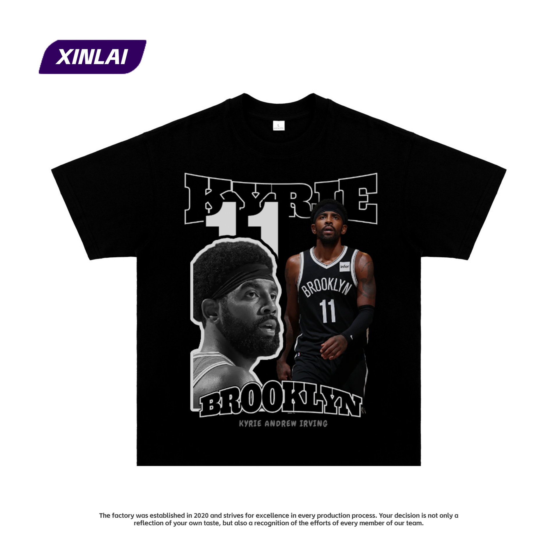 欧美凯里欧文篮网大图案印花水洗美式街头篮球衣男短袖t恤重磅潮