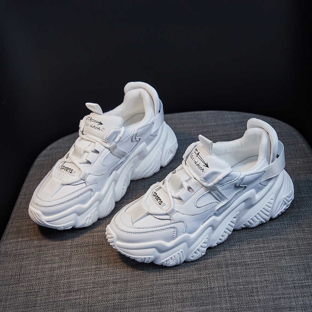 老爹鞋女2021春季新款真皮网面透气轻便小白鞋子女厚底运动休闲鞋