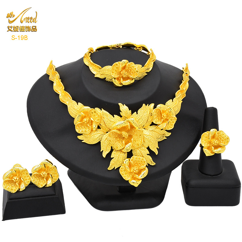 Cross-Border Dubai 24K Gold Jewelry Set Bridal Wedding Necklace Ring Earring Bracelet Ornament 4 Pcs Set