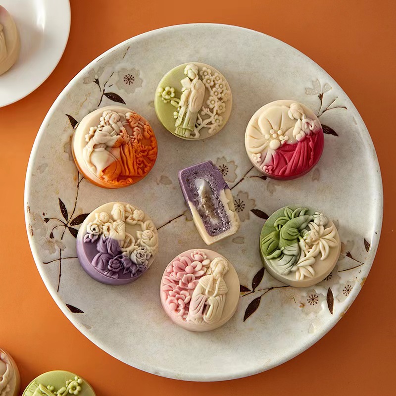 中秋渐变流心桃山皮月饼国潮中秋软心月饼批发传统糕点古风月饼