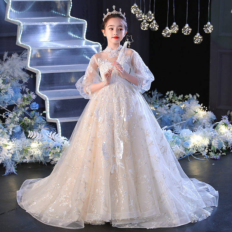 儿童晚礼服公主裙女童白色拖尾主持人花童婚纱甜美走秀钢琴演出服