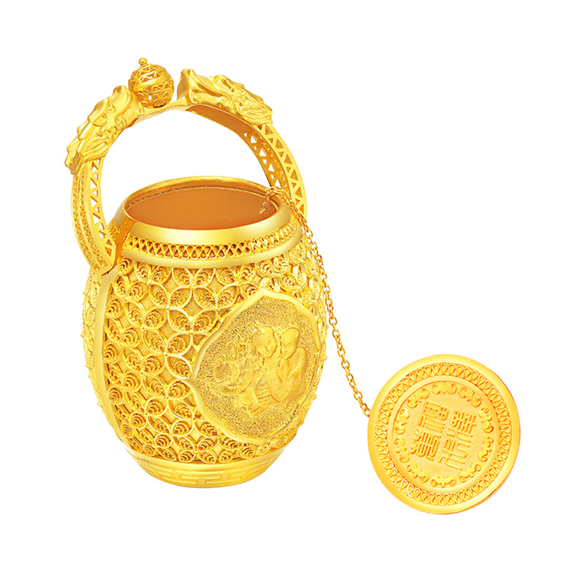 翠绿珠宝 足金999子孙长宜·迷你花丝金桶黄金摆件黄金珠宝批发