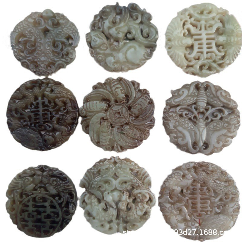 仿古做旧岫玉镂空牌挂件配饰高古玉古玩仿老旧双龙玉佩五福四兽牌