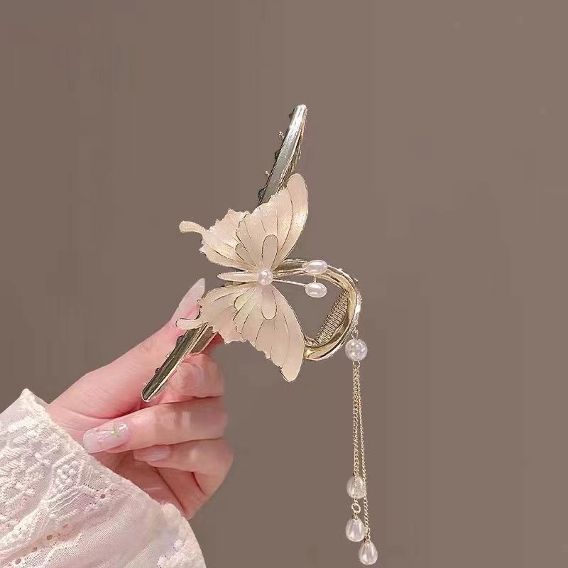 New Butterfly Pearl Tassel Metal Grip Updo Shark Clip Elegant Hair Clip Headdress