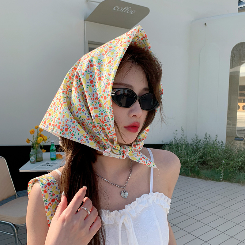 French Retro Cotton Flower Small Scarf Hair Band Women's Cotton and Linen Thin Scarf Decorations Square Scarf Headscarf Tube Top