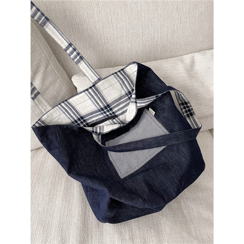 Retro Denim Plaid Stitching Double-Sided Tote Shoulder Bag Korean Simple Preppy Style Versatile Homemade Autumn and Winter New