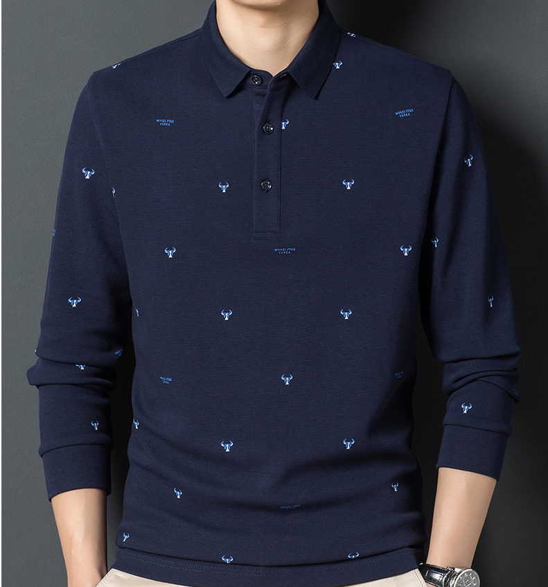 纯棉长袖t恤男春秋薄款翻领男士polo衫潮流印花中年男装丅
