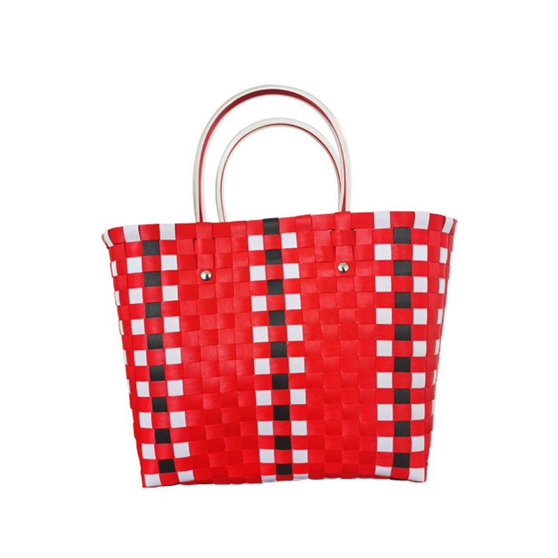 Wholesale Handmade Plastic Woven Bag Six-Color Hand Basket Striped Plaid Women's Shoulder Bag Color Hand Basket