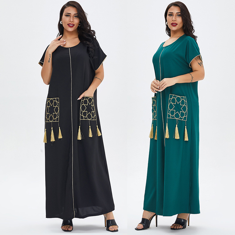 Summer Women's Short-Sleeved Long Dress Robe Muslim Middle East Dubai Clothing Dress Cross-Border Supply Women's Clothing
