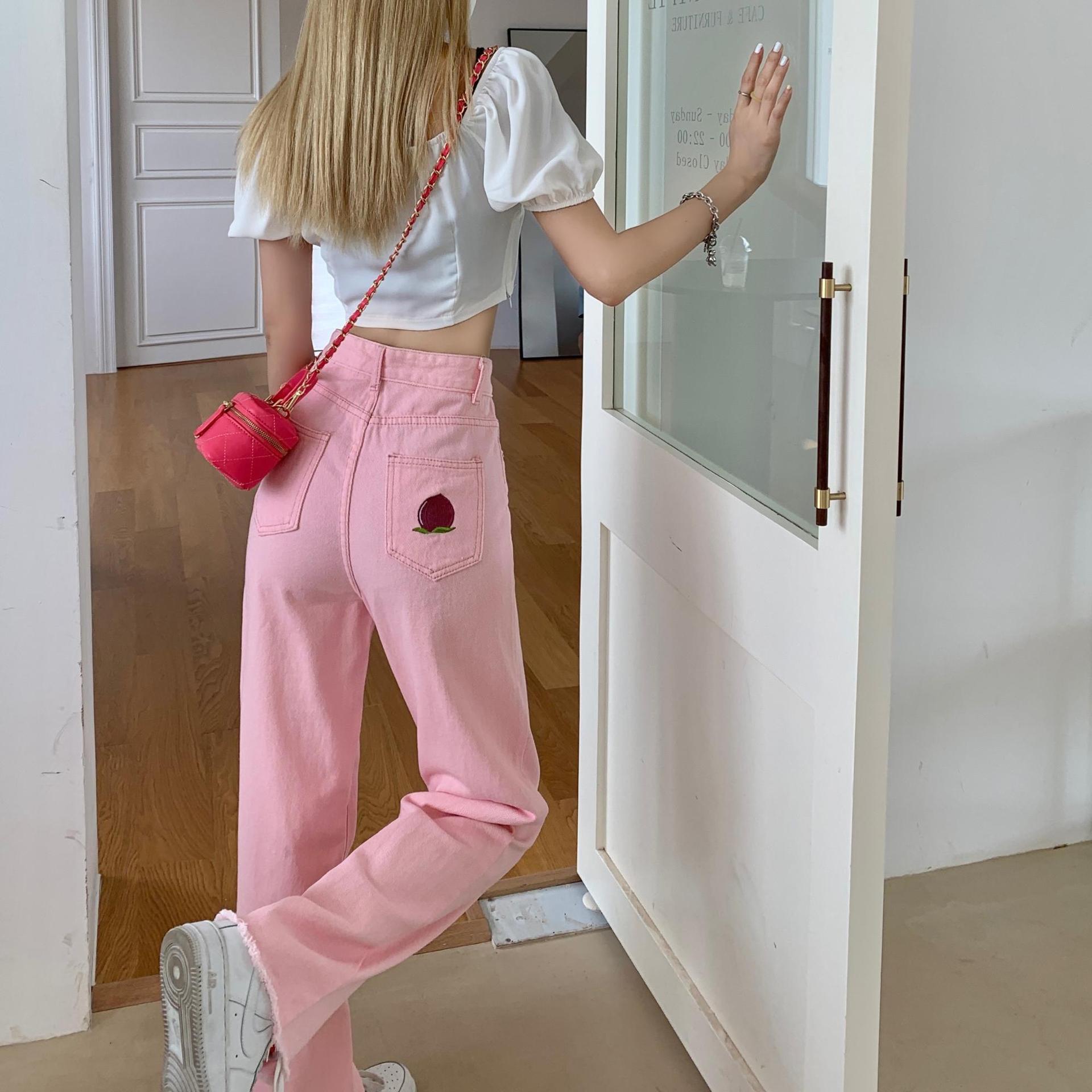 牛仔裤女2021秋季新款刺绣粉色阔腿牛仔裤高腰显瘦直筒毛边长裤潮