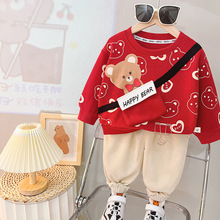 男孩女宝宝春装套装红色新款小童洋气卫衣休闲运动韩版童装两件套