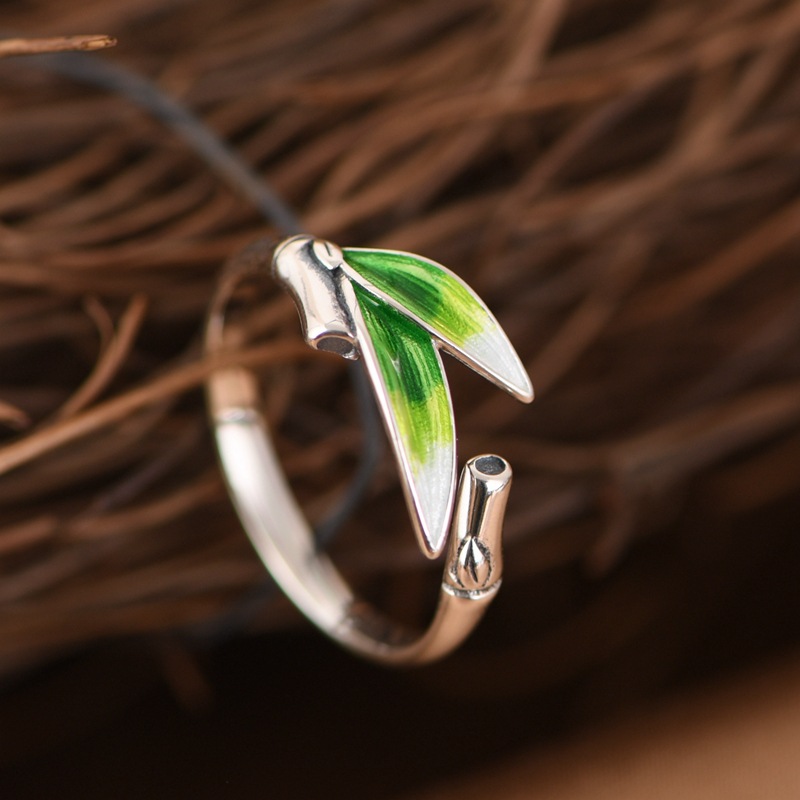 金鹿王 s925银戒指 文艺时尚银烧蓝树叶竹叶竹子开口指环女戒礼物