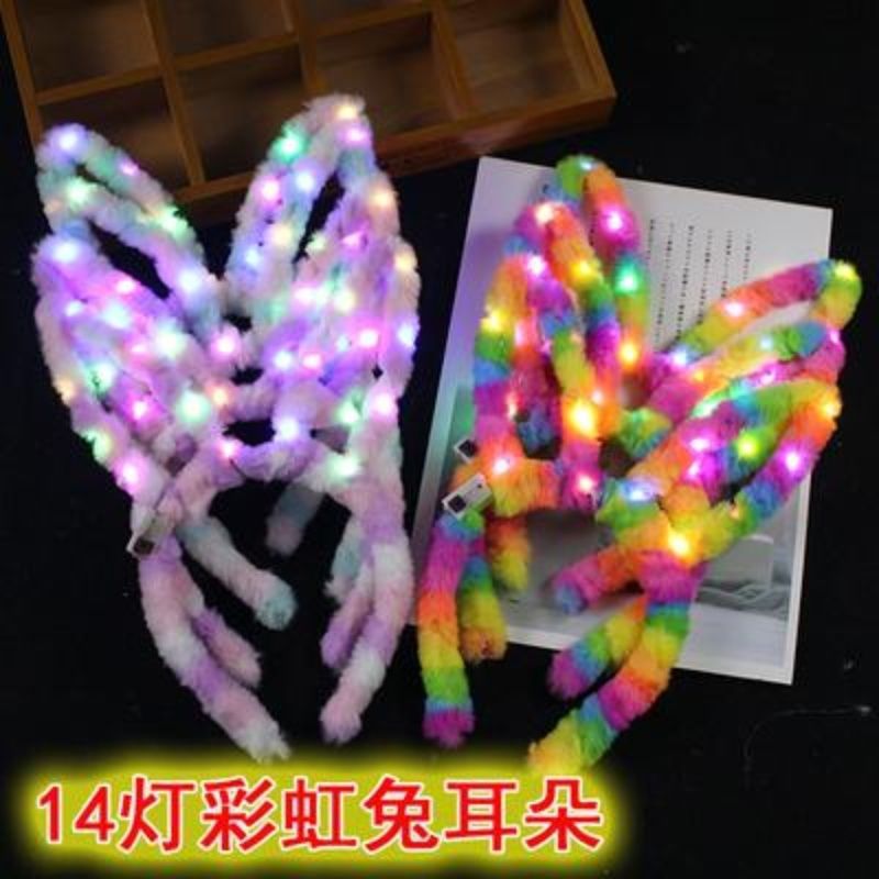 New 14 Lights Lengthened Flash Rainbow Plush Rabbit Ears Headband Female Glowing Headdress Hot Selling Stall Toys Wholesale