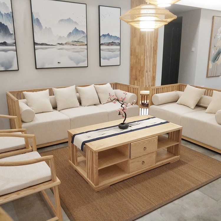 新中式沙发现代禅意简约布艺实木沙发组合原木色酒店会所民宿家具
