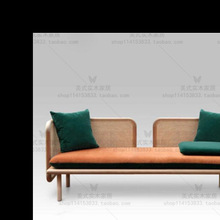 现代中式藤编实木布艺沙发美式简约客厅休息美人榻设计师三人沙发