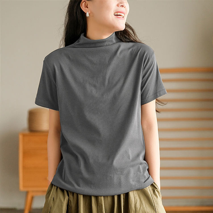 半袖女新款妈妈装夏装中领半高领打底衫短袖t恤宽松潮