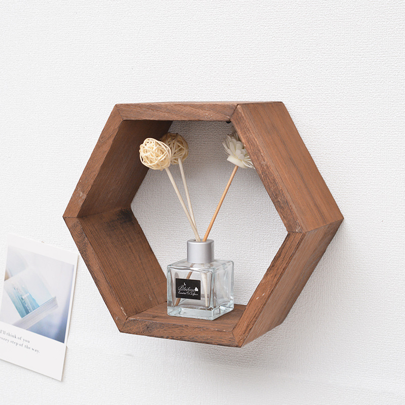 北欧ins风六边形木质墙壁置物架 客厅玄关卧室置物架六边形收纳架