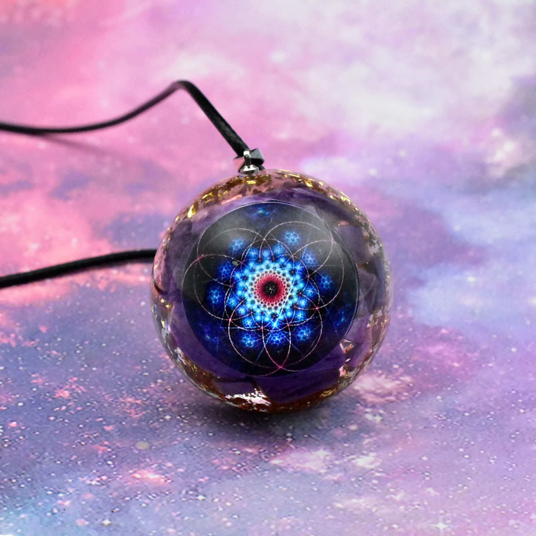 奥根吊坠生命之树符文orgonite天然水晶七脉轮滴胶吊坠紫龙晶碎石