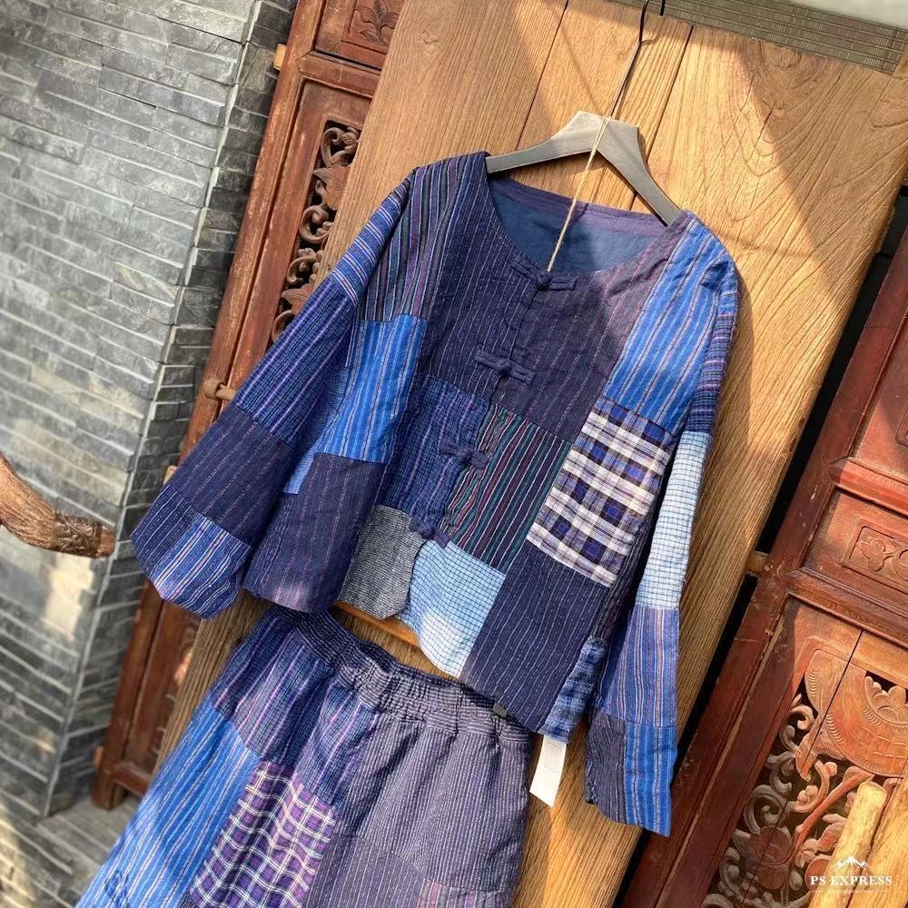 2021春款落古泥复古手工老粗布拼布蝙蝠袖有里外套开衫1829