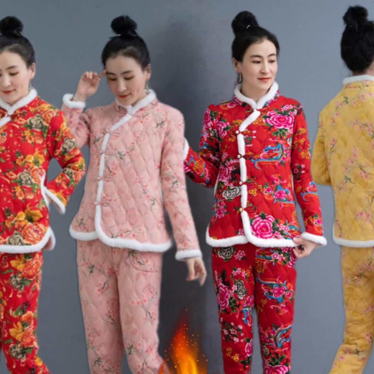 东北大花袄女冬季加绒加厚民族风碎花棉服棉裤套装洋气唐装花棉袄