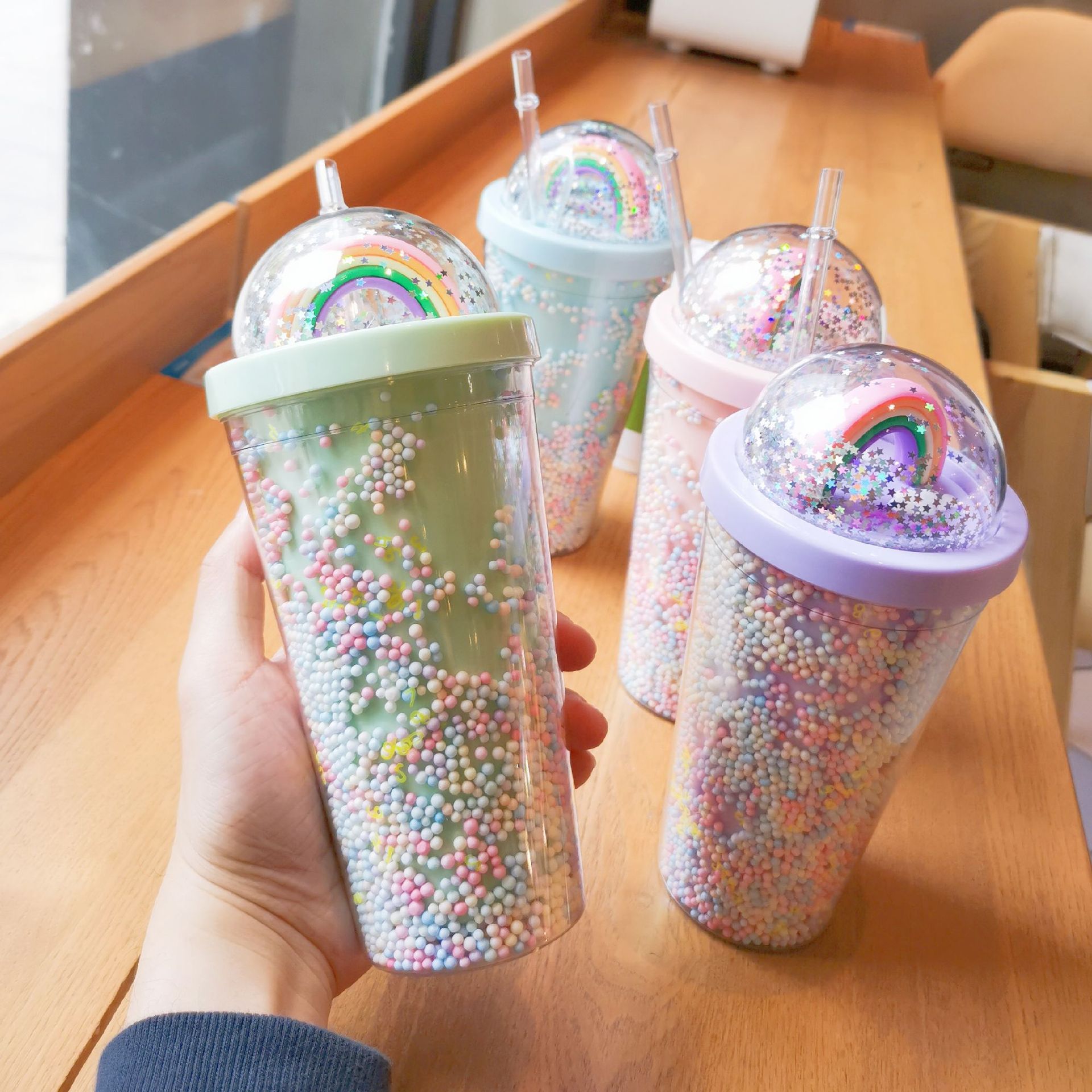 New Creative Rainbow Plastic Water Cup Fashion Large Capacity Women's Straw Cup Mori Double-Layer Colorful Beads Drink Cup