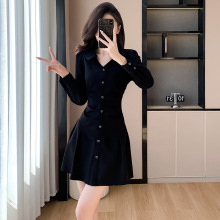 高品质韩版春装新款法式长袖连衣裙衬衫裙女名媛气质设计感小黑裙