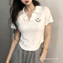 白色polo领棉短袖T恤女夏装2024新款修身显瘦机能风辣妹短上衣