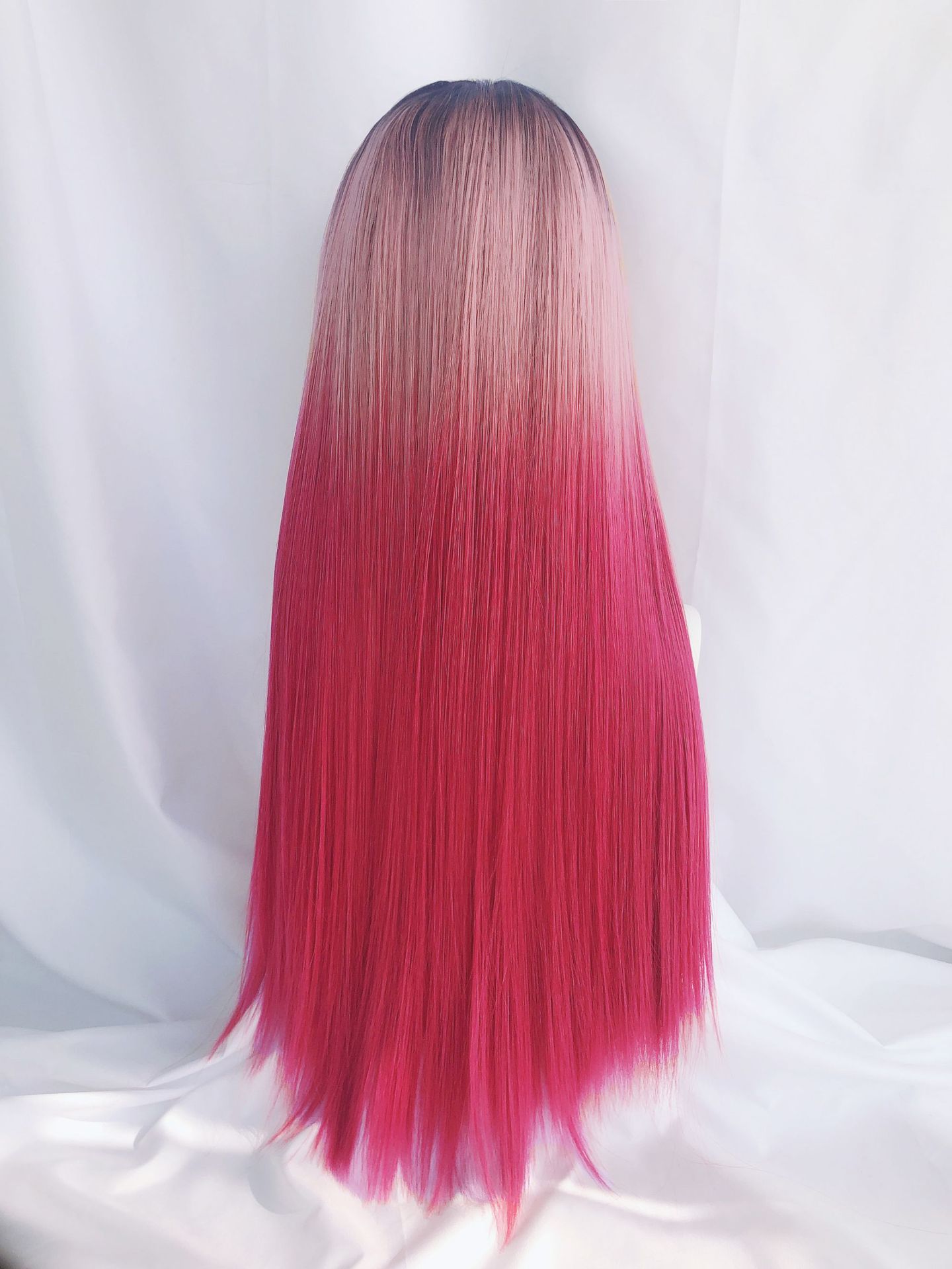 粉色渐变假发女长直发《暴走粉熊》洛丽塔齐刘海整顶全头套