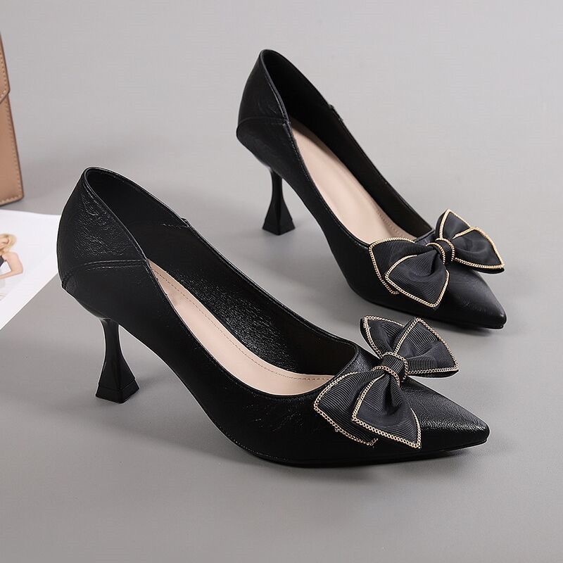 2024单鞋女性感蝴蝶结外穿职业工作鞋春秋季新款百搭尖头细跟鞋女