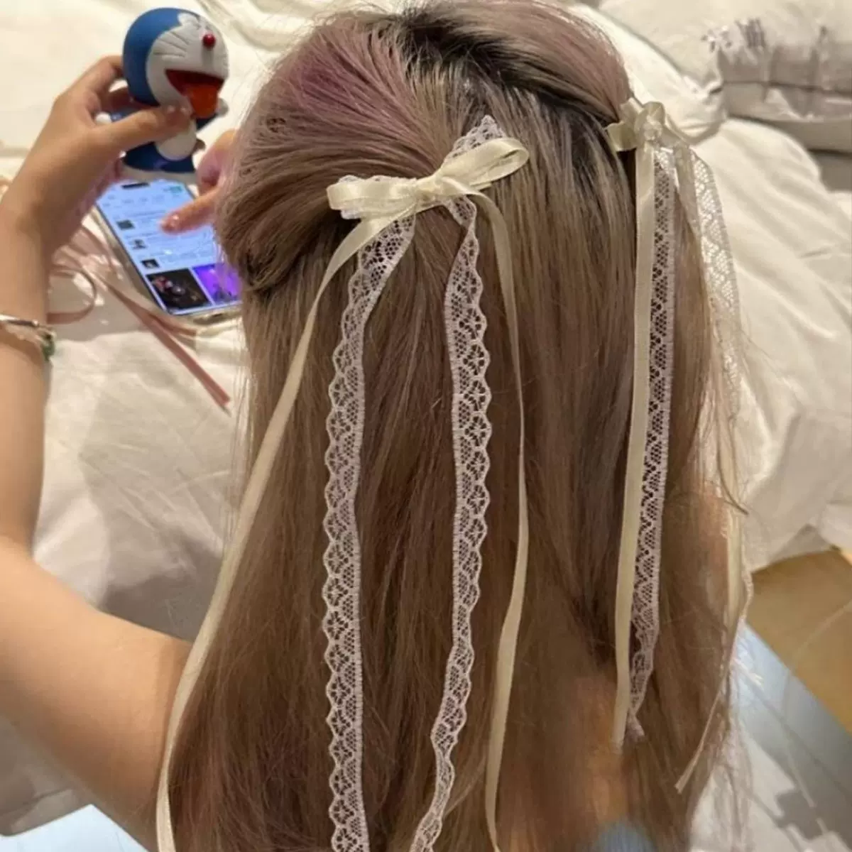 法式芭蕾丝带蝴蝶结飘带发夹女夏季前额碎发刘海夹甜美少女发卡女