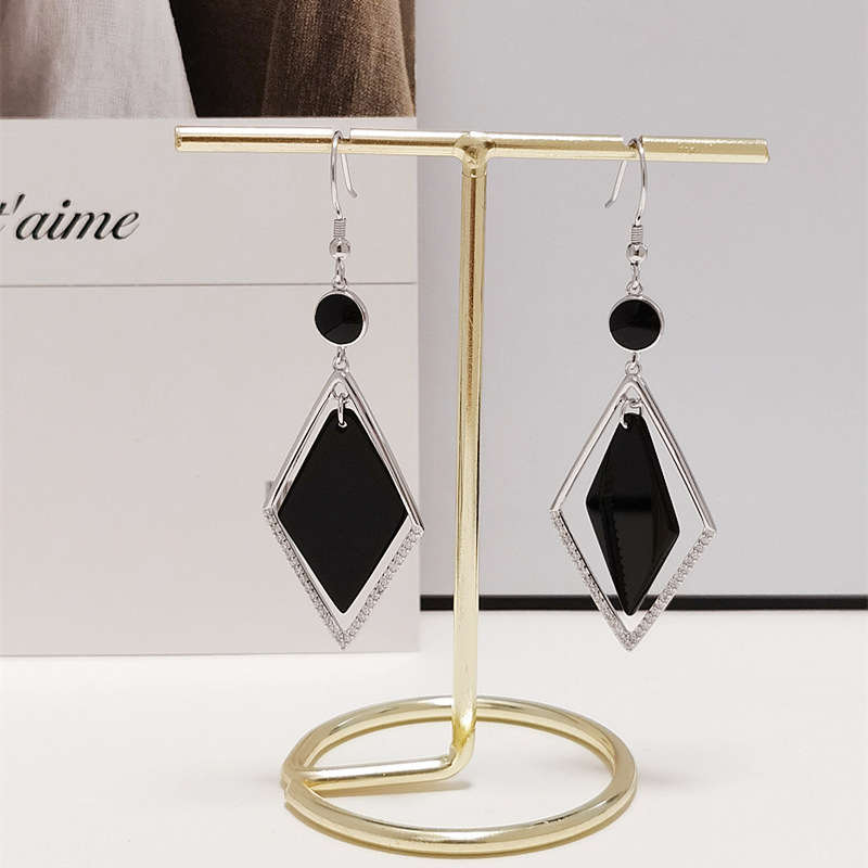经典菱形s925纯银耳环优雅气质长耳环显瘦脸耳坠通体银黑玛瑙耳钩