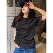YANYANSHOP韩版2024夏季新款法式ins风蕾丝花边拼接纯色短袖T恤女