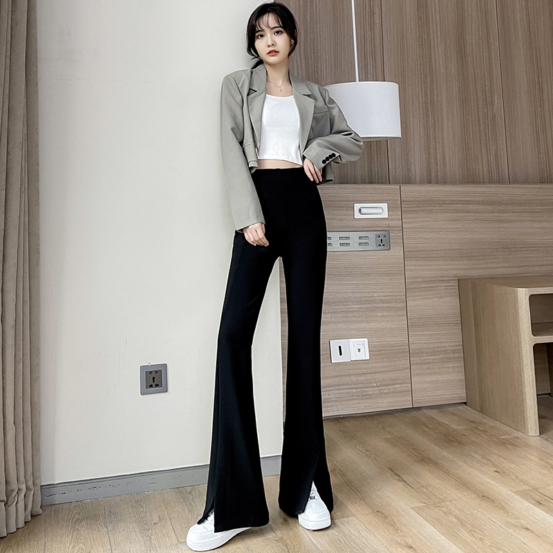 Black Micro Flare Pants Women's Spring and Summer New Elastic Waist Split Suit Pants Casual Draping Narrow Wide-Leg Pants