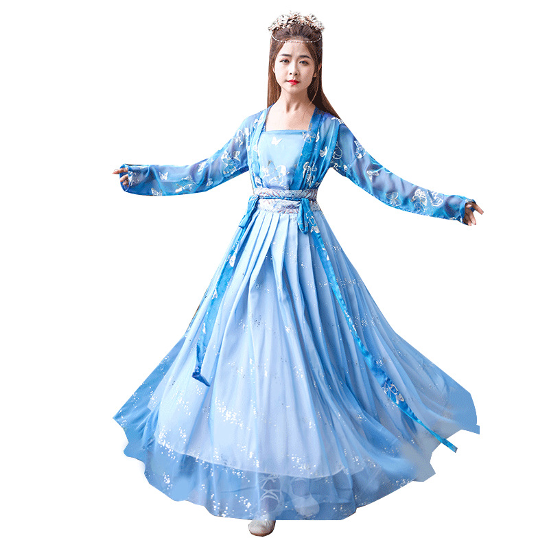 古装汉服鲛人泪高腰齐胸襦裙日常汉服女蓝色大袖衫米摆汉服现货