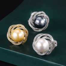 庄生生珠宝铜镀真金镶嵌奥贝母珍珠蕾丝款气质镶钻戒指女14mm