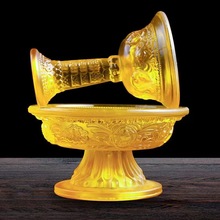 琉璃护法杯八吉祥用品藏式琉璃供杯供佛修禅黄色摆件高13.5cm
