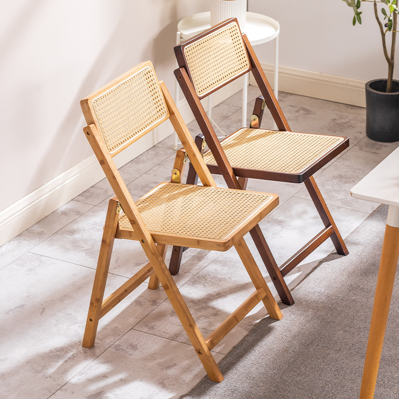 6r藤编椅子 家用折叠椅实木凳子 民宿休闲靠背椅原木风椅侘寂风餐
