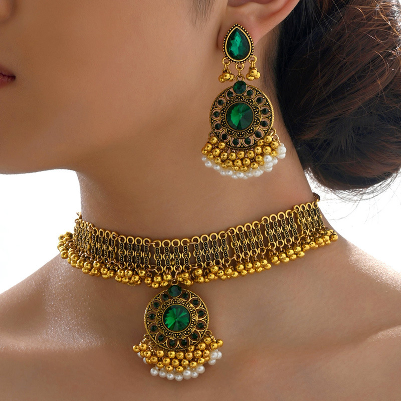 Jewelry Southeast Asia Popular Indian Ethnic Style Vintage Gem Beads Jewelry 2-Piece Set Earrings Necklace